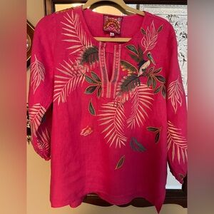Johnny Was Kahuhi Split neckline bright Pink Linen material size small